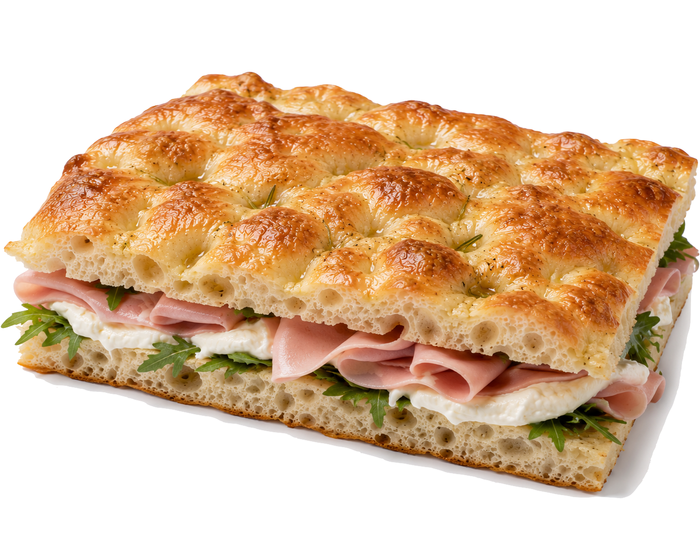 Focaccia farcita con mortadella, stracciatella e rucola