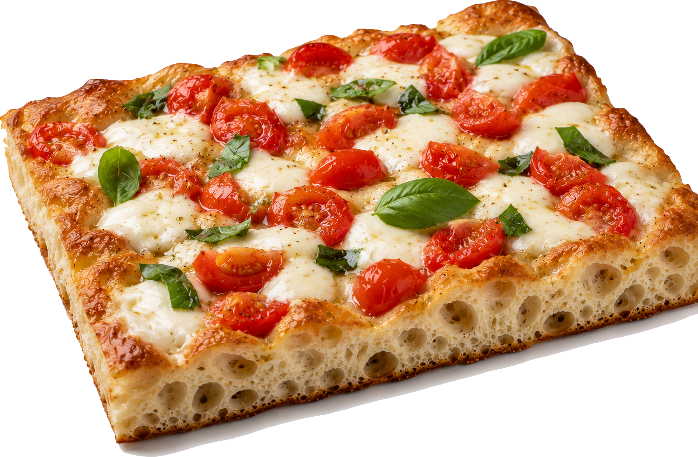 Focaccia alta con pomodorini, mozzarella e basilico